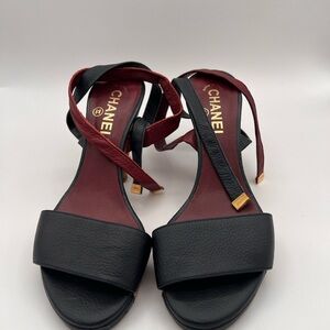 CHANEL Navy and Burgundy Leather Cork Heel Lace Up Women's Sandals